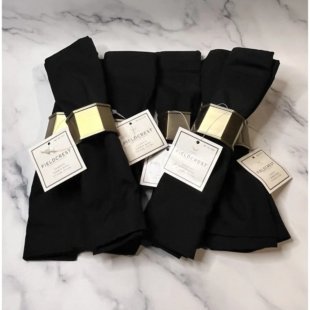 2000's Vintage Fieldcrest Brass Tone Napkin Rings W/ Black Napkins 6 Pc Set
